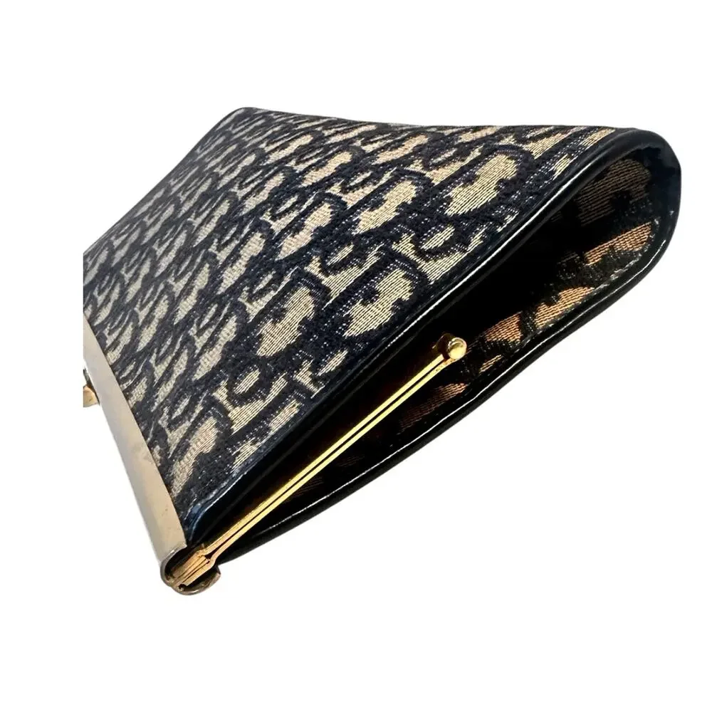Vintage Christian Dior Oblique Trotter Frame Clutch Navy Canvas Made France